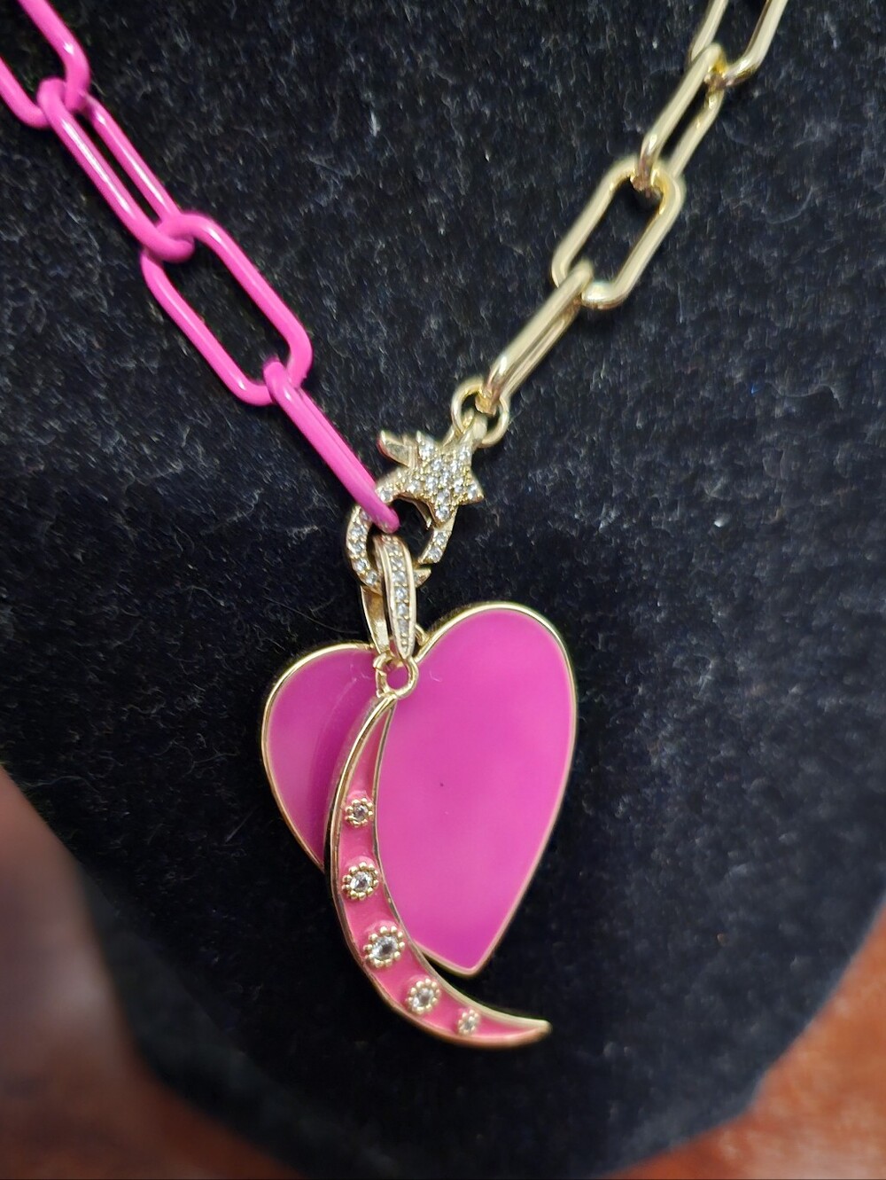 Lucy Moon Hot Pink Cresent Moon & Heart Statement Necklace 16 Inch EUC - Picture 3 of 9